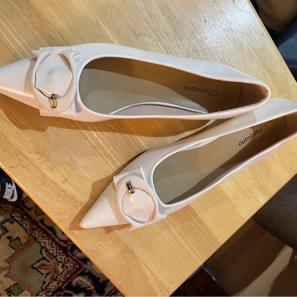Cream Pointed Toe Flats with Bow by